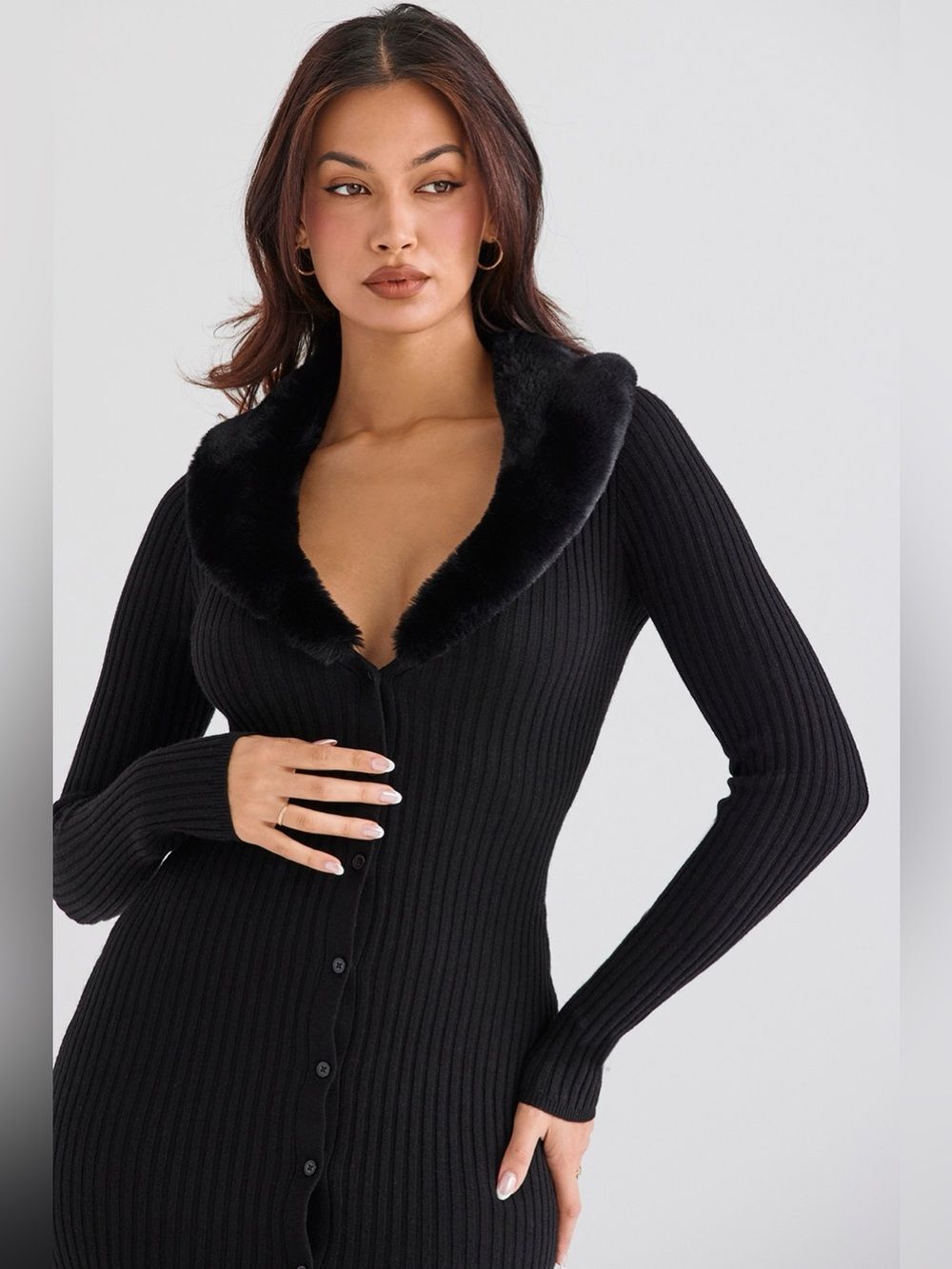House of CB Black Faux Fur Trim Ribbed Bodycon Long Sleeve Dress Small DS3 - Picture 5 of 13